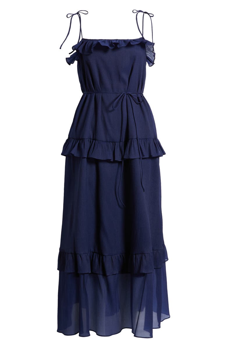 Julia Jordan Tie Strap Tiered Midi Dress, Alternate, color, Navy