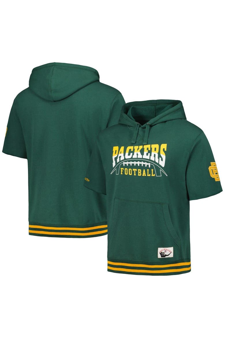 Men's Mitchell & Ness Green Green Bay Packers Pre-Game Short Sleeve Pullover Hoodie, Main, color, Green