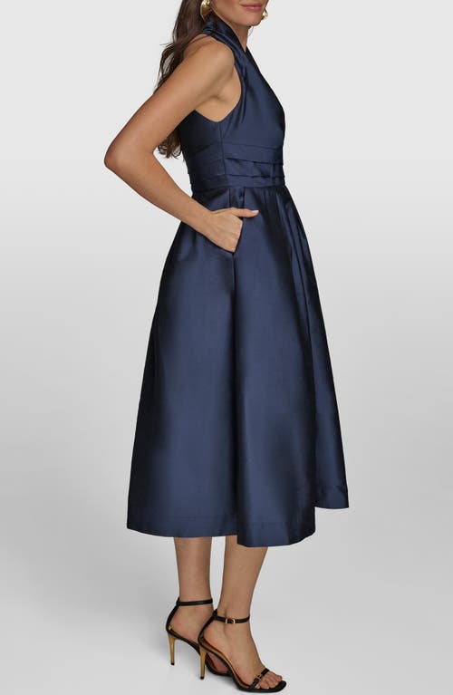 Donna Karan New York Plunge Neck Taffeta Midi Dress In Blue
