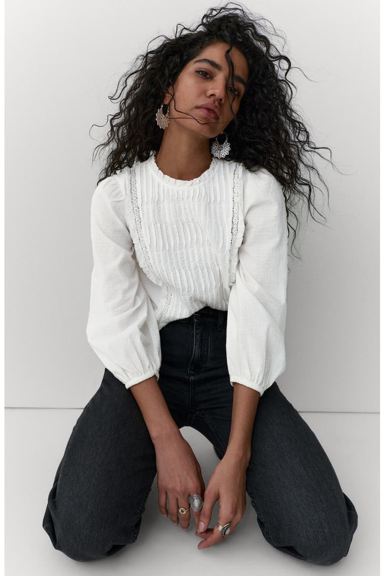 Pleated Ruffle Trim Cotton Peplum Top, Alternate, color, SOFT WHITE