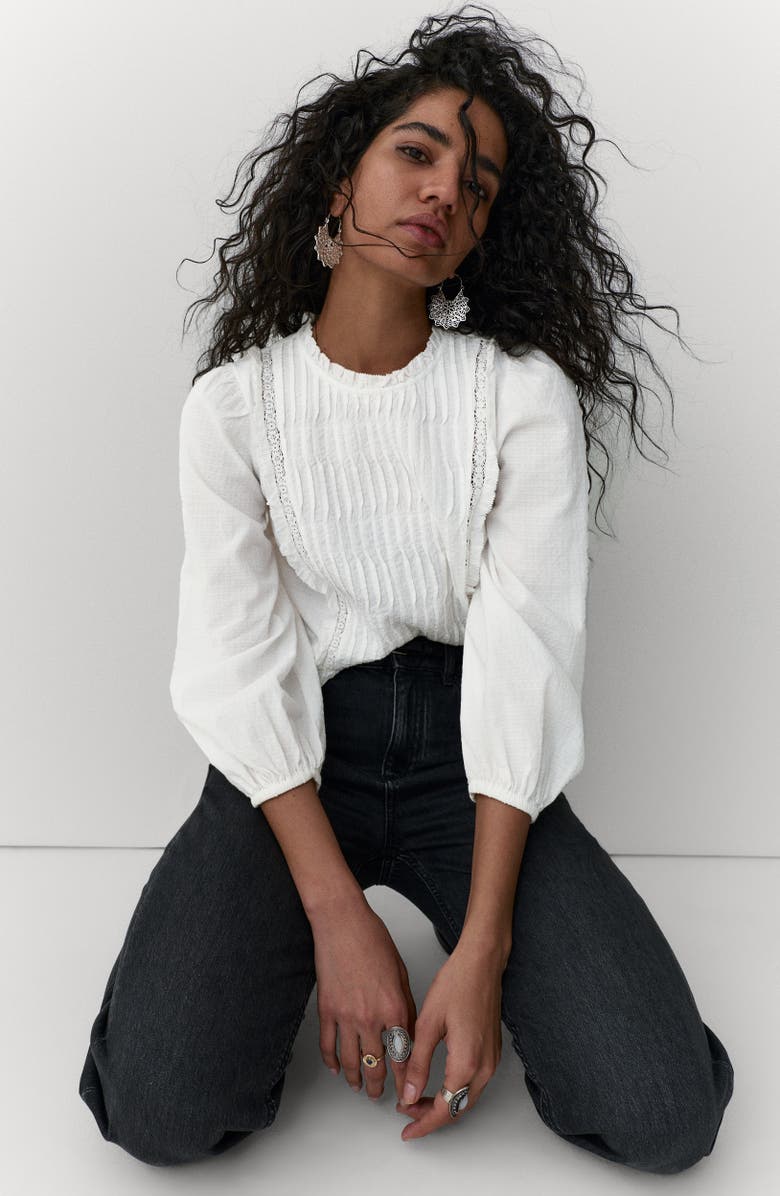 PER UNA BY M&S Pleated Ruffle Trim Cotton Peplum Top, Alternate, color, Soft White