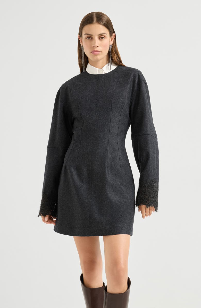 Brunello Cucinelli Mini dress with wispy lace cuffs, Alternate, color, Dark Grey