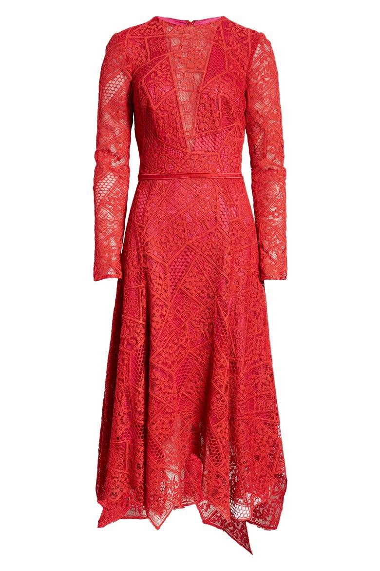 Long Sleeve Lace Handkerchief Hem Midi Dress, Alternate, color, LAVA RED
