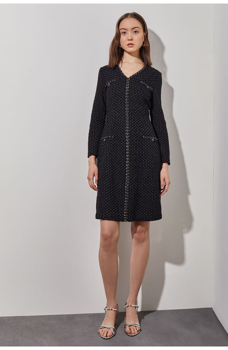 Ming Wang Chain Trim Textured Knit Sheath Dress, Main, color, Black/Granite