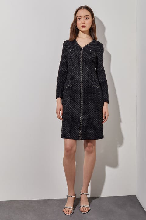 Chain Trim Textured Knit Sheath Dress