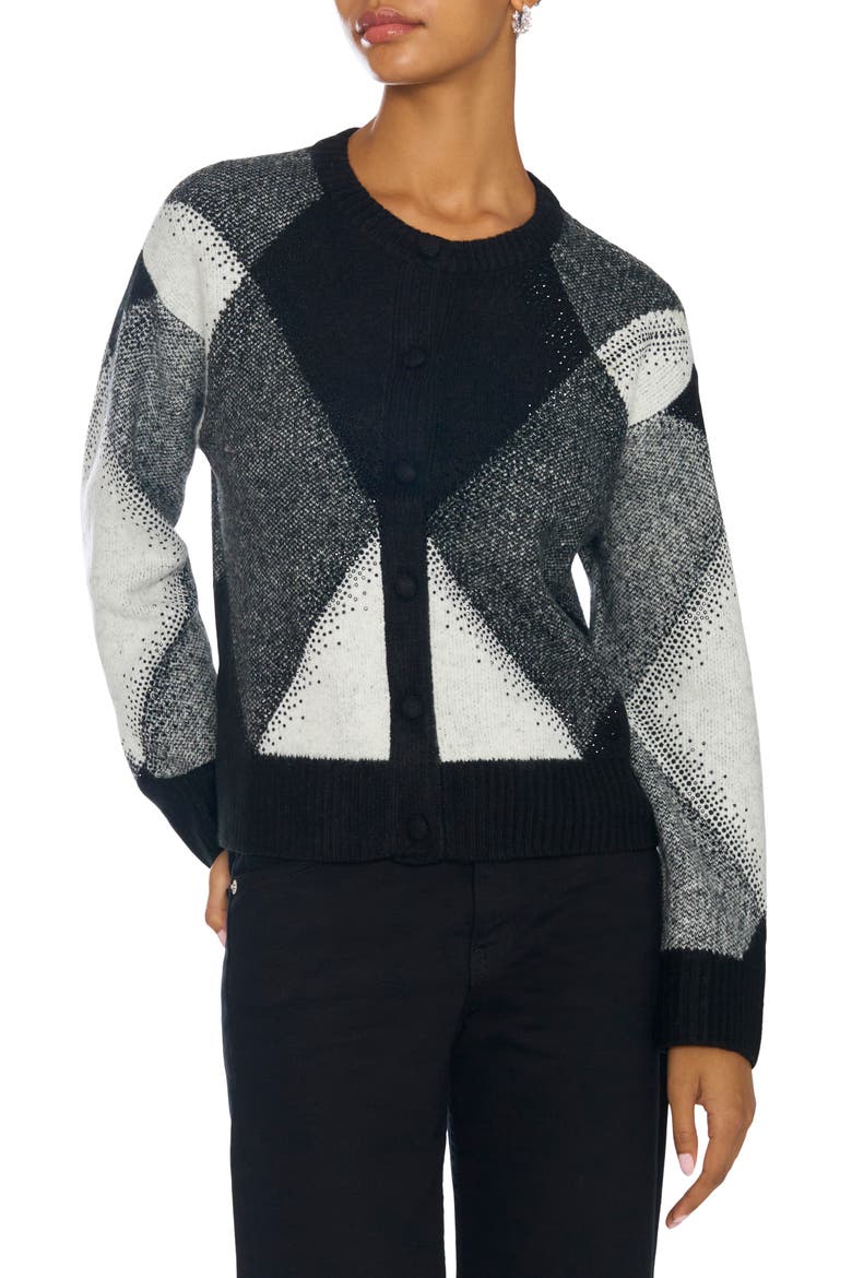 Argyle Button Front Cardigan With Rhinestones, Main, color, RICH BLACK