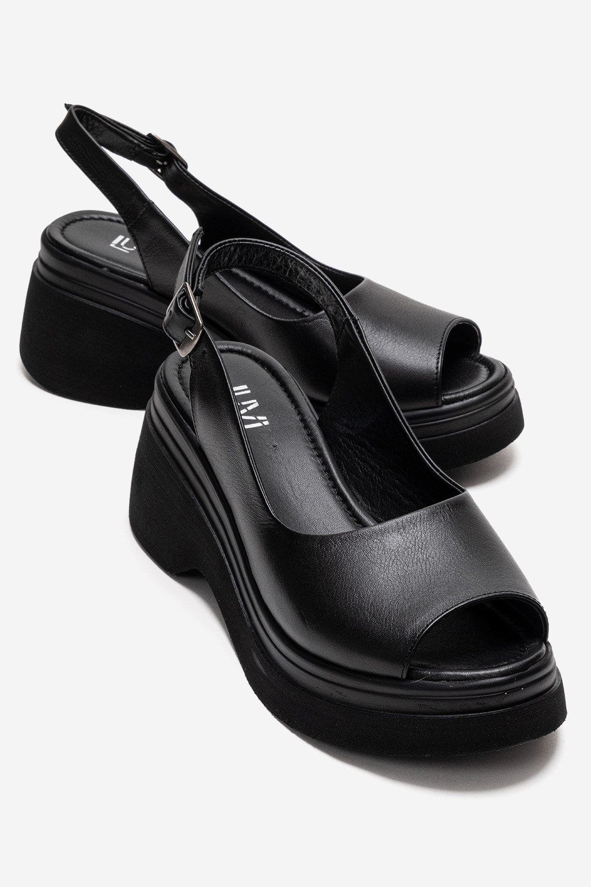 Forever & Always Shoes Laure Leather Wedge Sandal, Main, color, Black