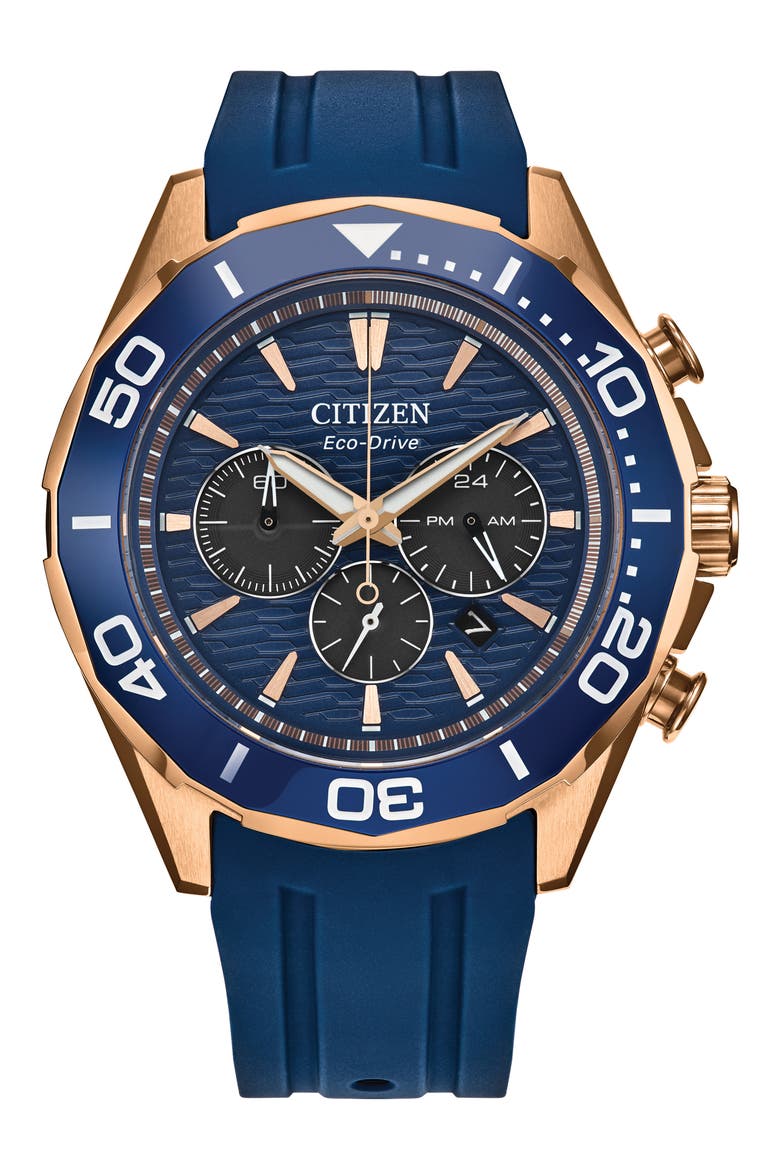 Endeavor Eco-Drive Chronograph Synthetic Strap Watch, 43mm, Main, color, NAVY