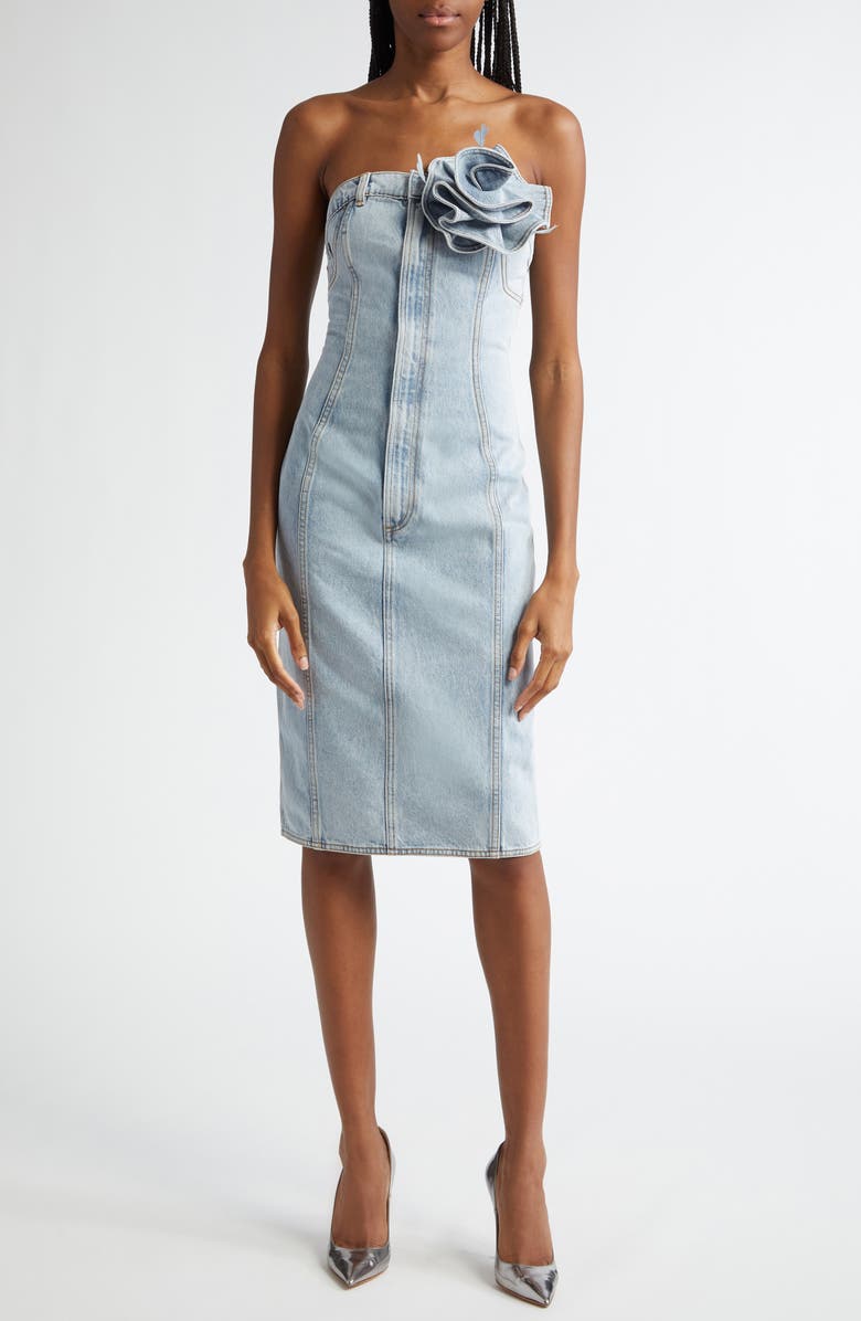 Area Flower Corsage Strapless Denim Dress, Main, color, 
