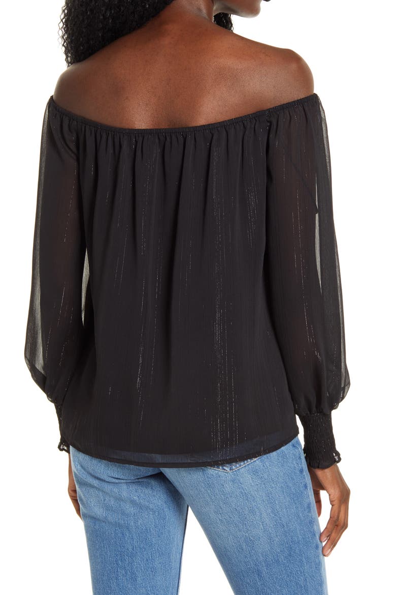x BFF Sarah Metallic Off the Shoulder Top, Alternate, color, BLACK LUREX STRIPE