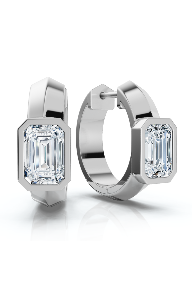 1 1/3ct Emerald Cut Brava Bezel Diamond Hoops 5/8" Huggies 14k Gold Lab Grown, Alternate, color, 14k White Gold