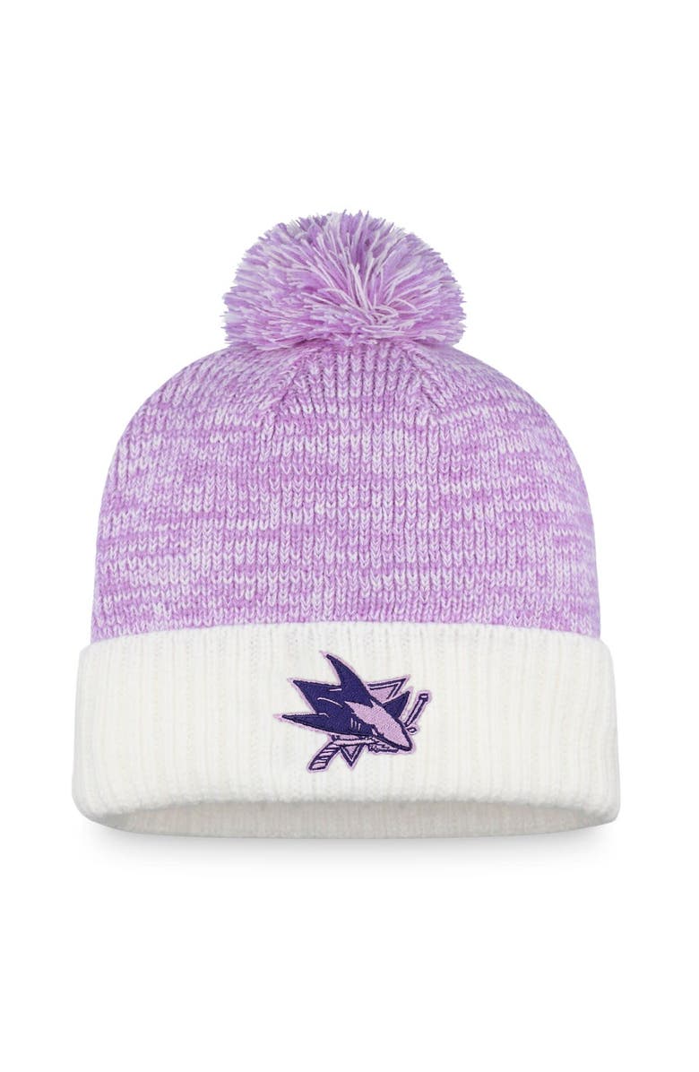 FANATICS Men's Fanatics Branded White/Purple San Jose Sharks 2022 Hockey Fights Cancer Authentic Pro Cuffed Knit Hat with Pom, Main, color, 