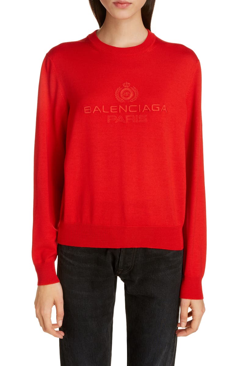 Balenciaga Logo Embroidered Wool Sweater, Main, color, 