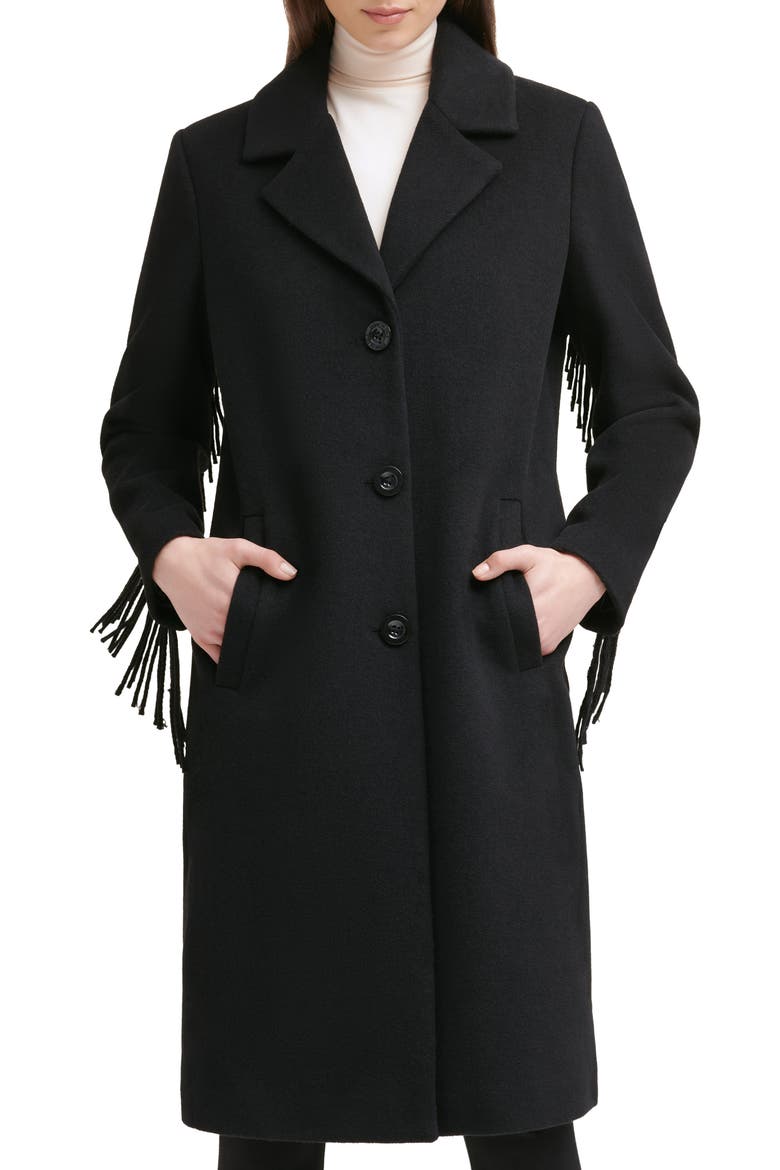 Notched Collar Wool Blend Fringe Coat, Main, color, BLACK