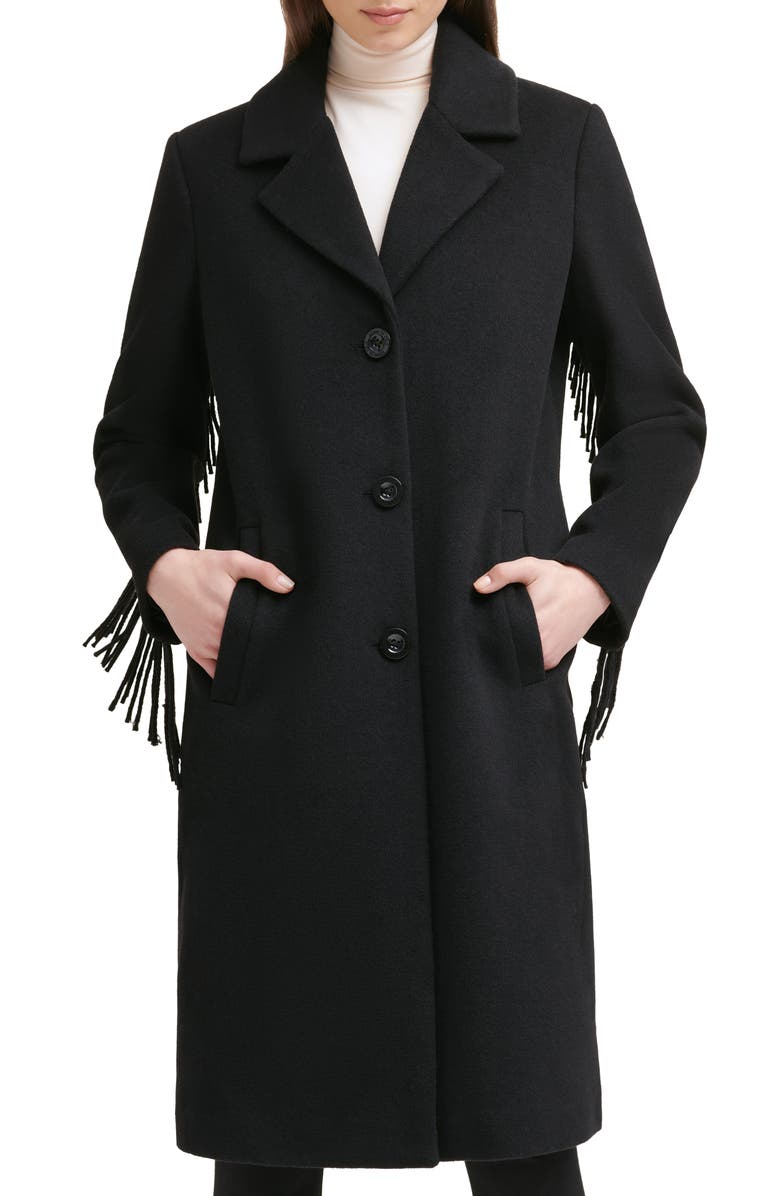 Kenneth Cole New York Notched Collar Wool Blend Fringe Coat, Main, color, 