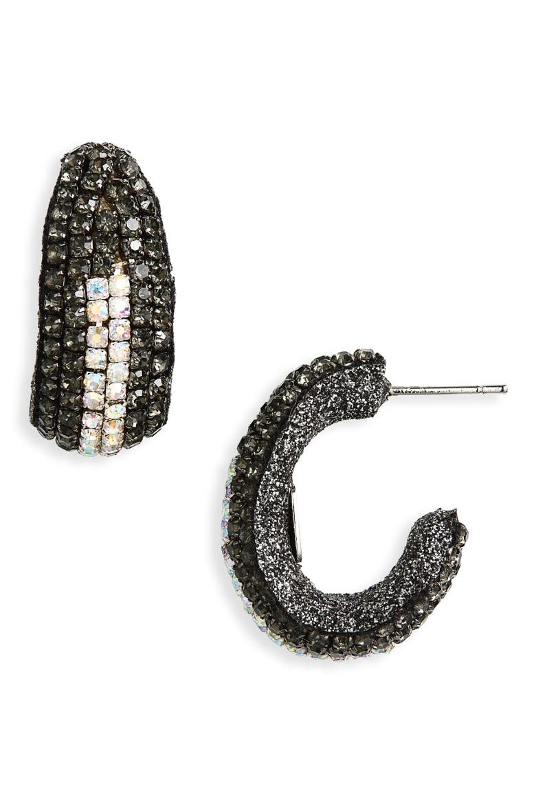 Biles Crystal Hoop Earrings, Main, color, GUNMETAL