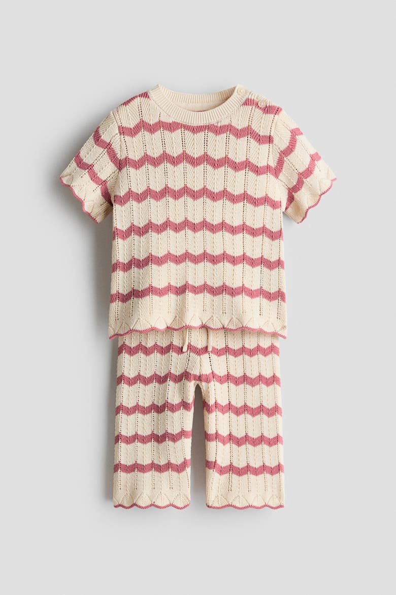 2-piece Pointelle-knit Cotton Set, Main, color, Light beige/pink striped
