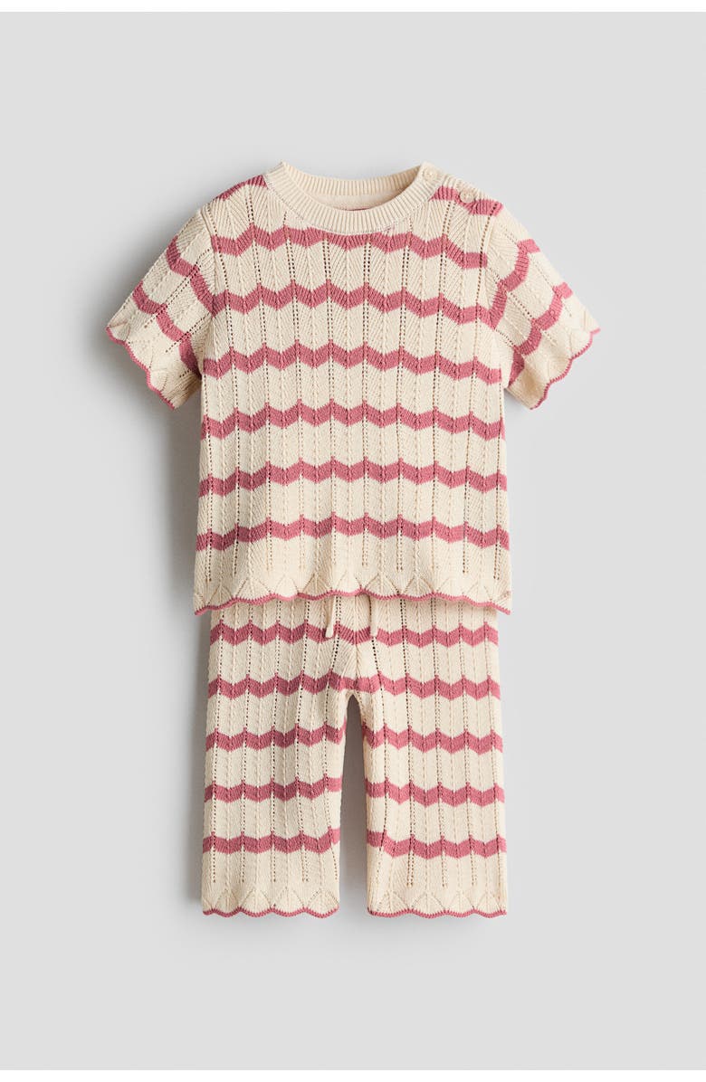 H&M 2-piece pointelle-knit cotton set, Main, color, Light Beige/Pink Striped