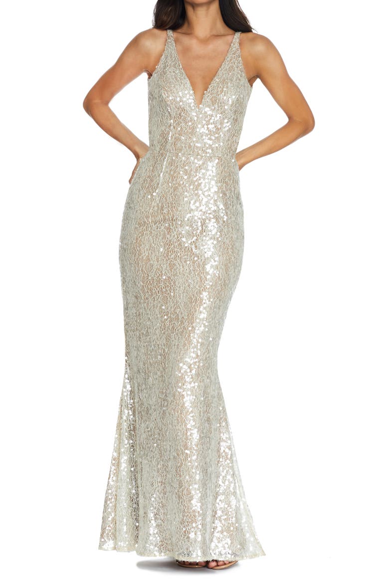 Sharon Lace Sequin Plunge Neck Mermaid Gown, Alternate, color, OFF WHITE