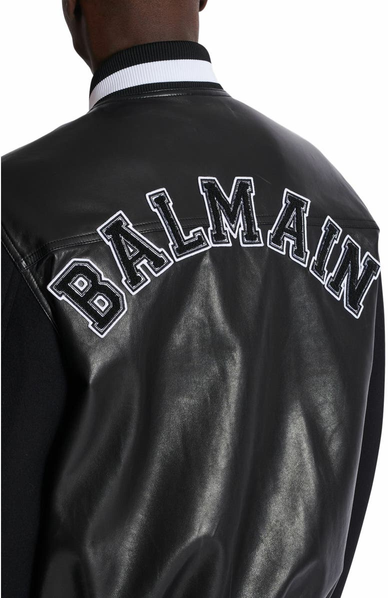 Balmain Varsity Lambskin Leather And Wool Jacket, Alternate, color, Black