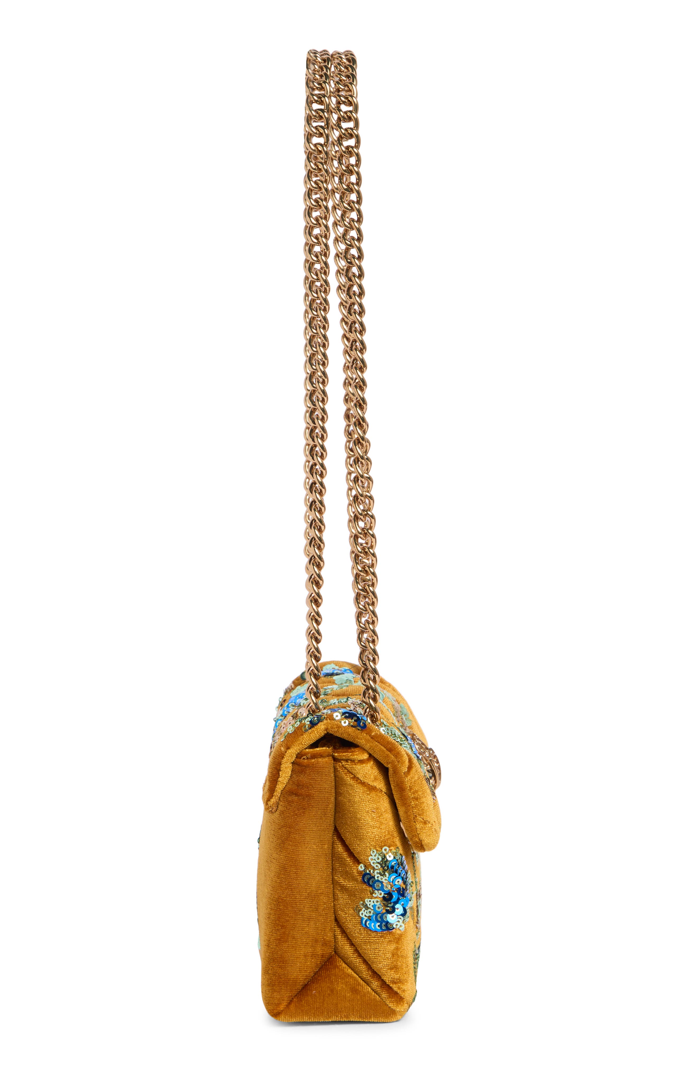 Kurt Geiger London Mini Kensington Sequin Flower Velvet Crossbody Bag, Alternate, color, Mustard