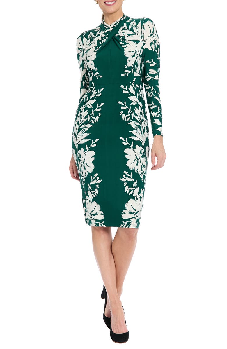 London Times Floral Crisscross Neck Long Sleeve Midi Dress, Main, color, Teal/ Cream
