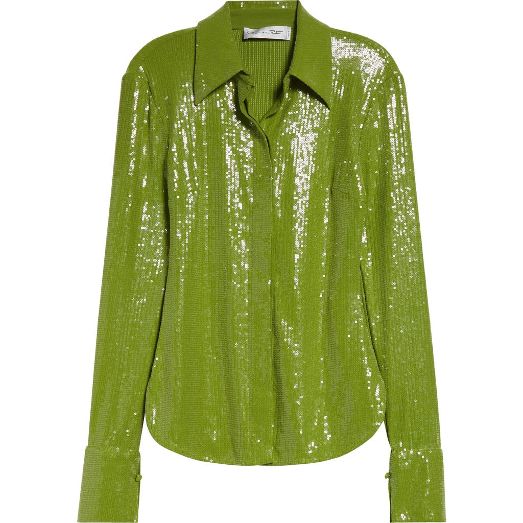 Oscar De La Renta Sequin Jersey Button-up Shirt In Green