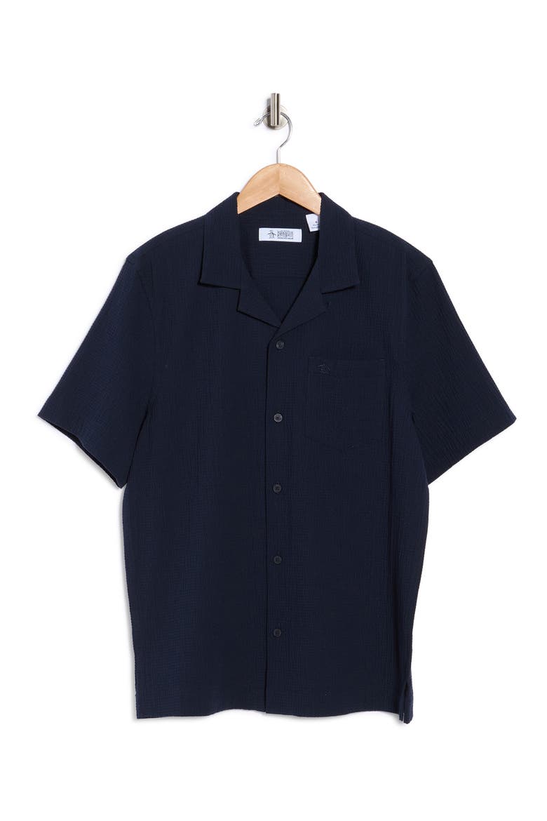 Seersucker Short Sleeve Camp Shirt, Alternate, color, DARK SAPPHIRE