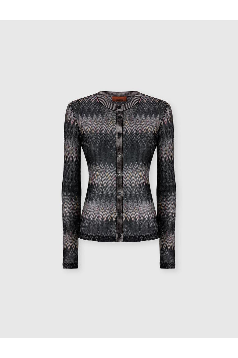 Viscose Lamé Chevron Crewneck Cardigan, Main, color, Black
