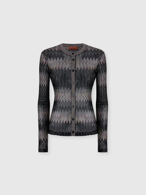 Viscose Lamé Chevron Crewneck Cardigan