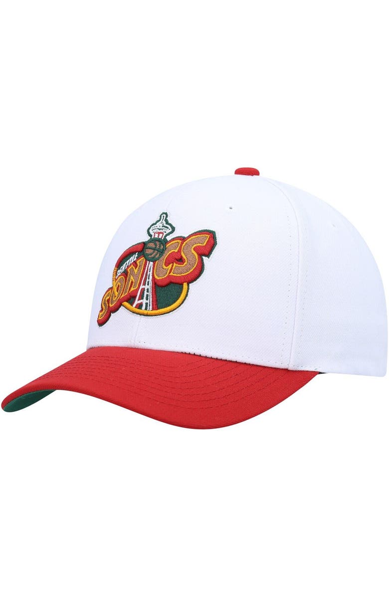 Mitchell & Ness Men's Mitchell & Ness White/Red Seattle SuperSonics Hardwood Classics Core 2-Tone 2.0 Pro Snapback Hat, Main, color,