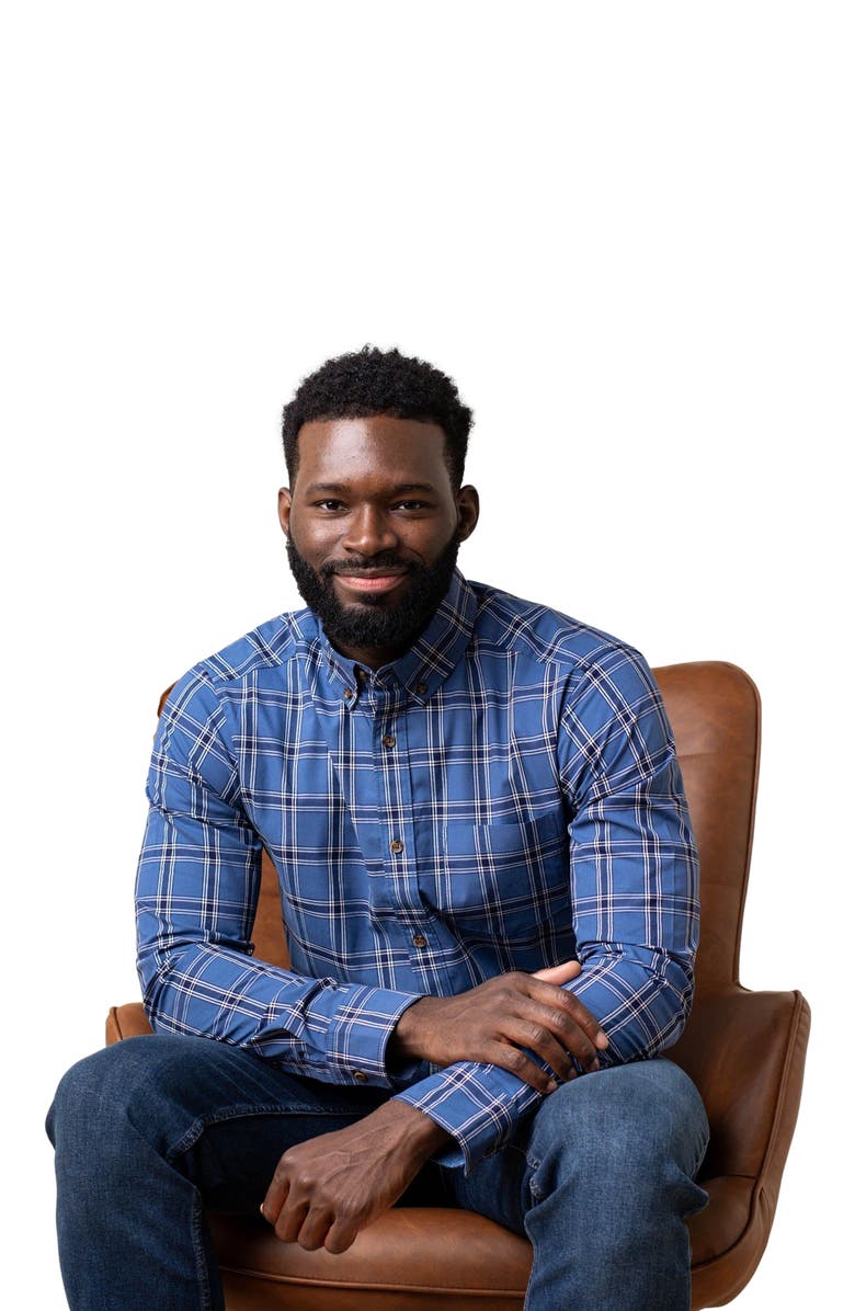 Hope & Henry Men's Organic Stretch Poplin Shirt, Alternate, color, Dark Blue Homeroom Plaid