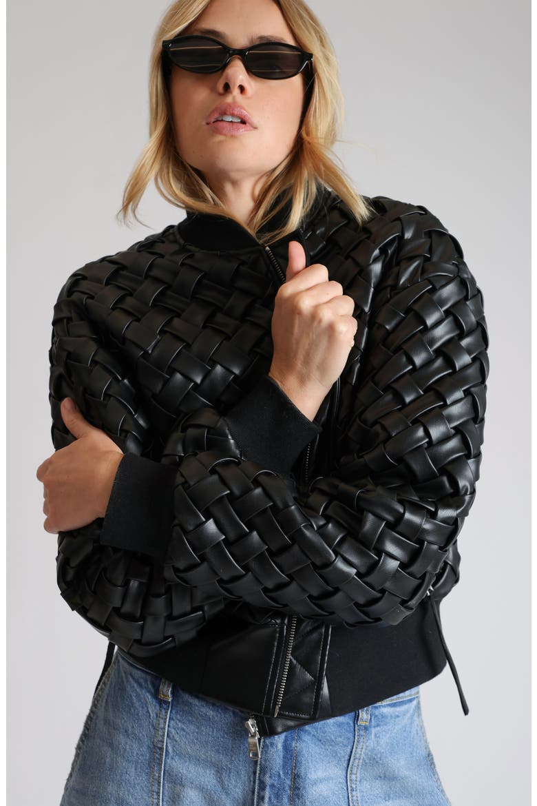 Weave Crop Faux Leather Bomber Jacket, Alternate, color, BLACK