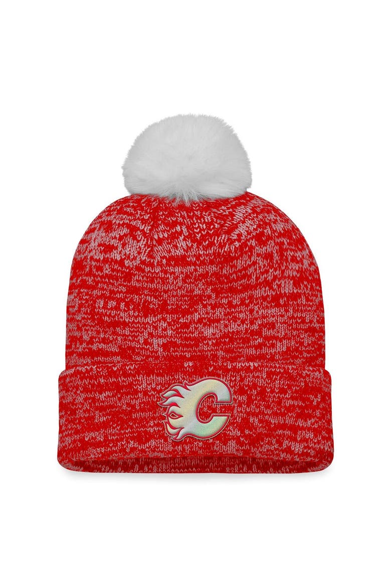 Women's Fanatics Branded Red Calgary Flames Glimmer Cuffed Knit Hat with Pom, Main, color, Red