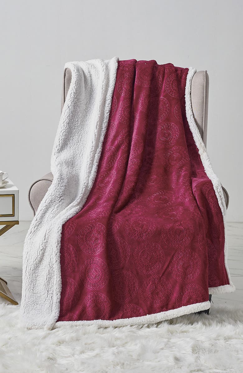 Luxury Home Embossed Caesar Faux Shearling Throw Blanket, Alternate, color, Burgundy