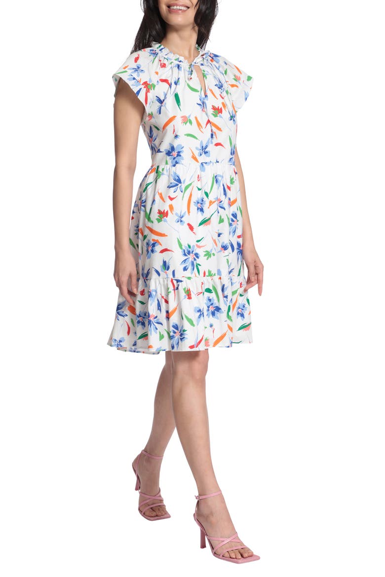 Floral Tie Neck Dress, Main, color, SOFT WHITE/ FRENCH BLUE