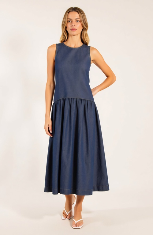 Modenaire Sleeveless Drop-waist Gathered Relaxed-fit Midi Dress In Blue