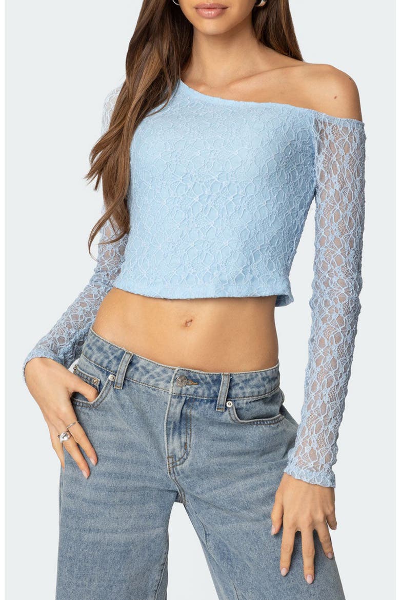 Fabia One-Shoulder Long Sleeve Lace Crop Top, Main, color, LIGHT-BLUE