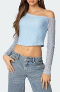 EDIKTED Fabia One-Shoulder Long Sleeve Lace Crop Top
