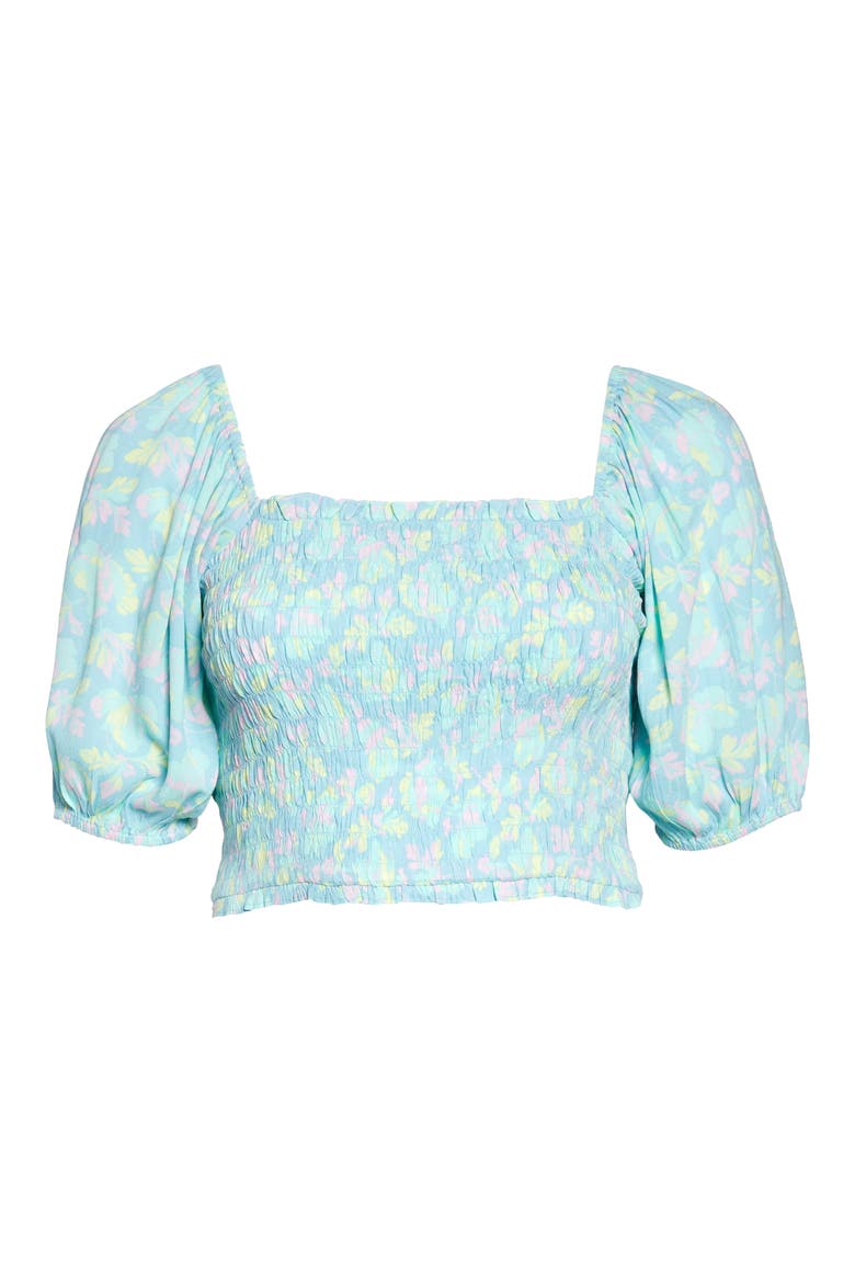 Smocked Puff Sleeve Crop Top, Alternate, color, BLUE DJUNA FLORAL