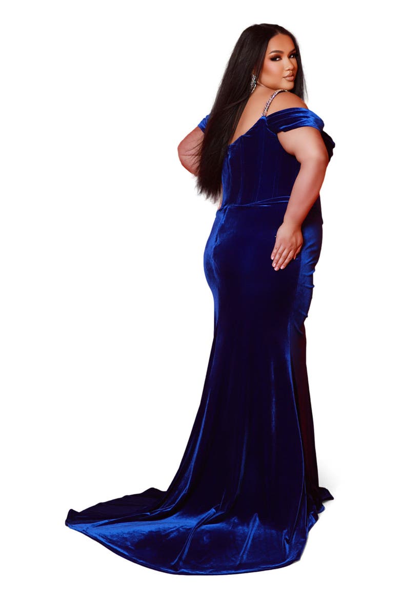 Velvet Fitted Rhinestoned Plus Size Evening Gown, Alternate, color, Royal