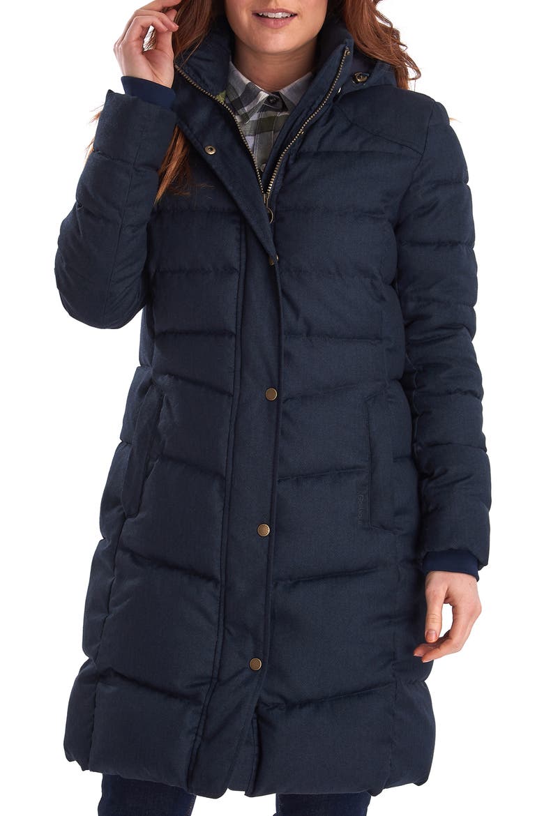 Lonnen Herringbone Channel Quilted Hooded Coat, Main, color, NAVY HERRINGBONE