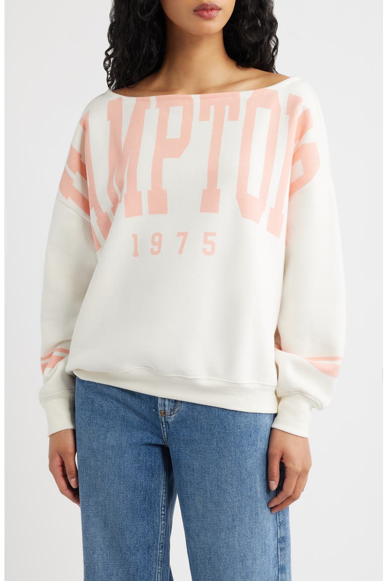 Hamptons Off the Shoulder Graphic Sweatshirt, Main, color, MARSHMALLOW