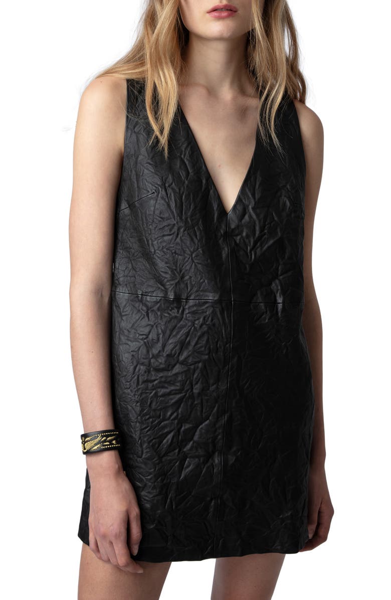 Zadig & Voltaire Rasha Sleeveless Crinkled Leather Minidress, Alternate, color,