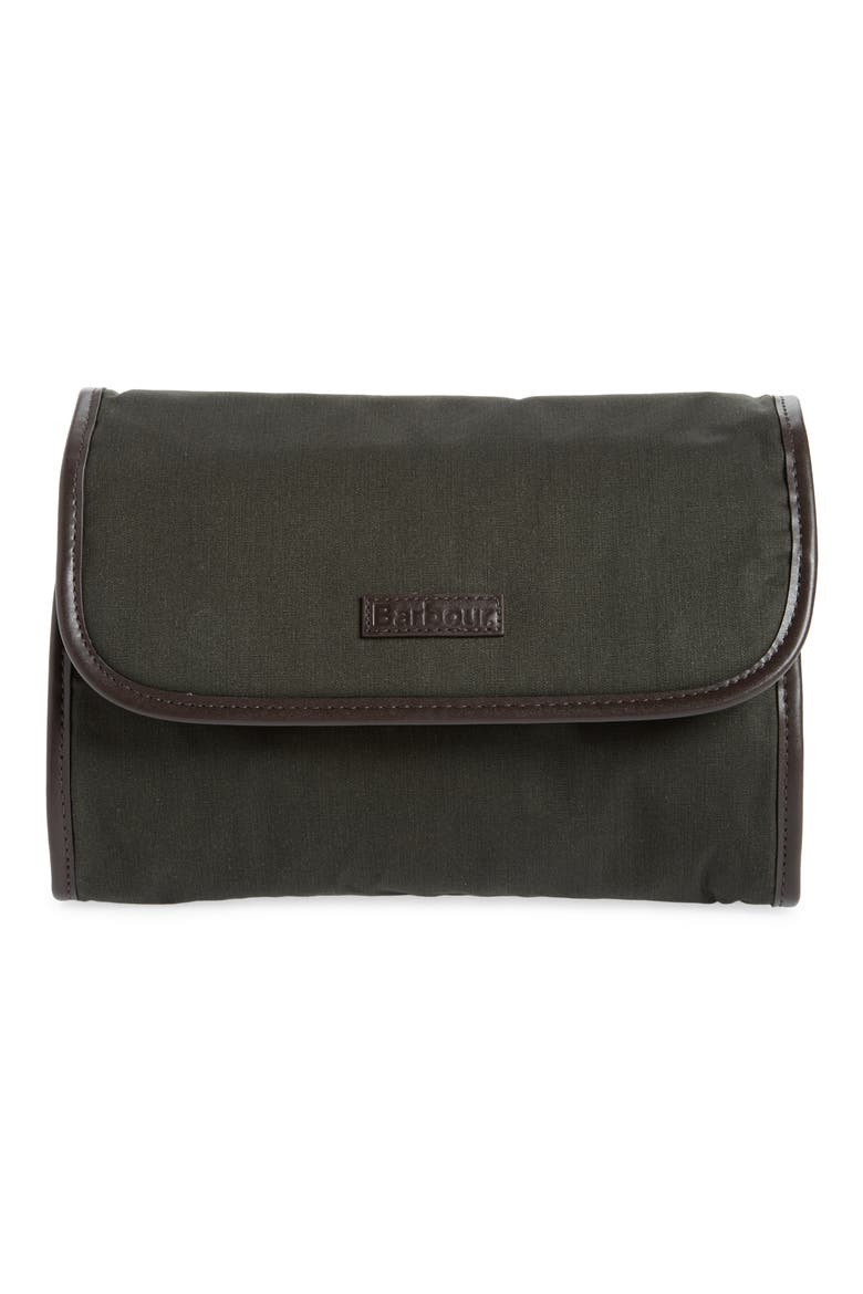 Waxed Cotton Hanging Washbag, Main, color, OLIVE