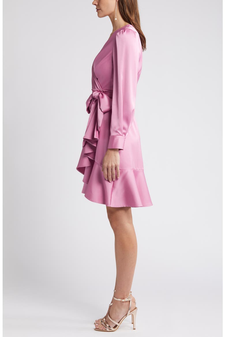 Wrap Front Long Sleeve Satin Charmeuse Dress, Alternate, color, PINK MACAROON
