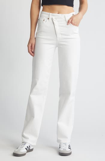 Shop Daze Sun Crossover Waist Straight Leg Jeans In Marshmallow