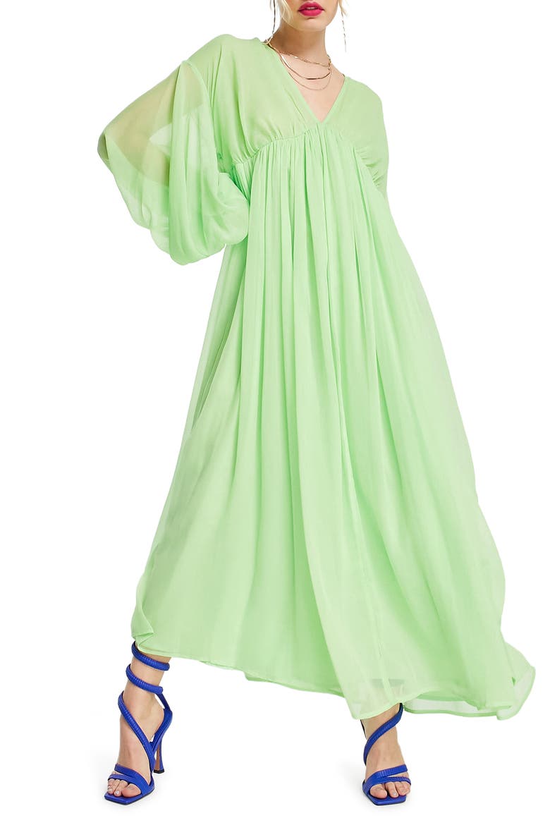 Deep V-Neck Long Sleeve Midi Dress, Main, color, LIGHT GREEN