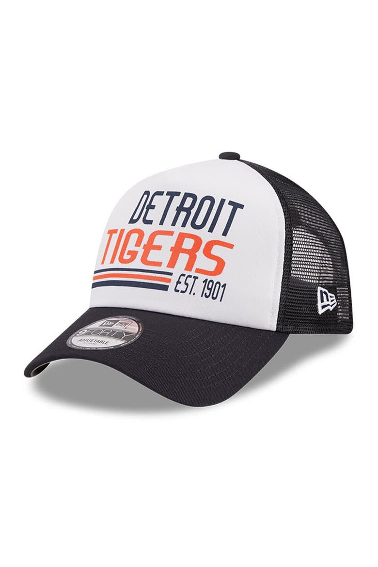 Men's New Era White/Navy Detroit Tigers Stacked A-Frame Trucker 9FORTY Adjustable Hat, Main, color, White