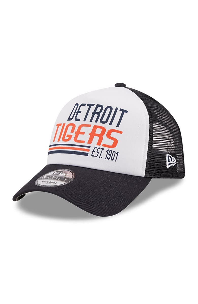 New Era Men's New Era White/Navy Detroit Tigers Stacked A-Frame Trucker 9FORTY Adjustable Hat, Main, color,